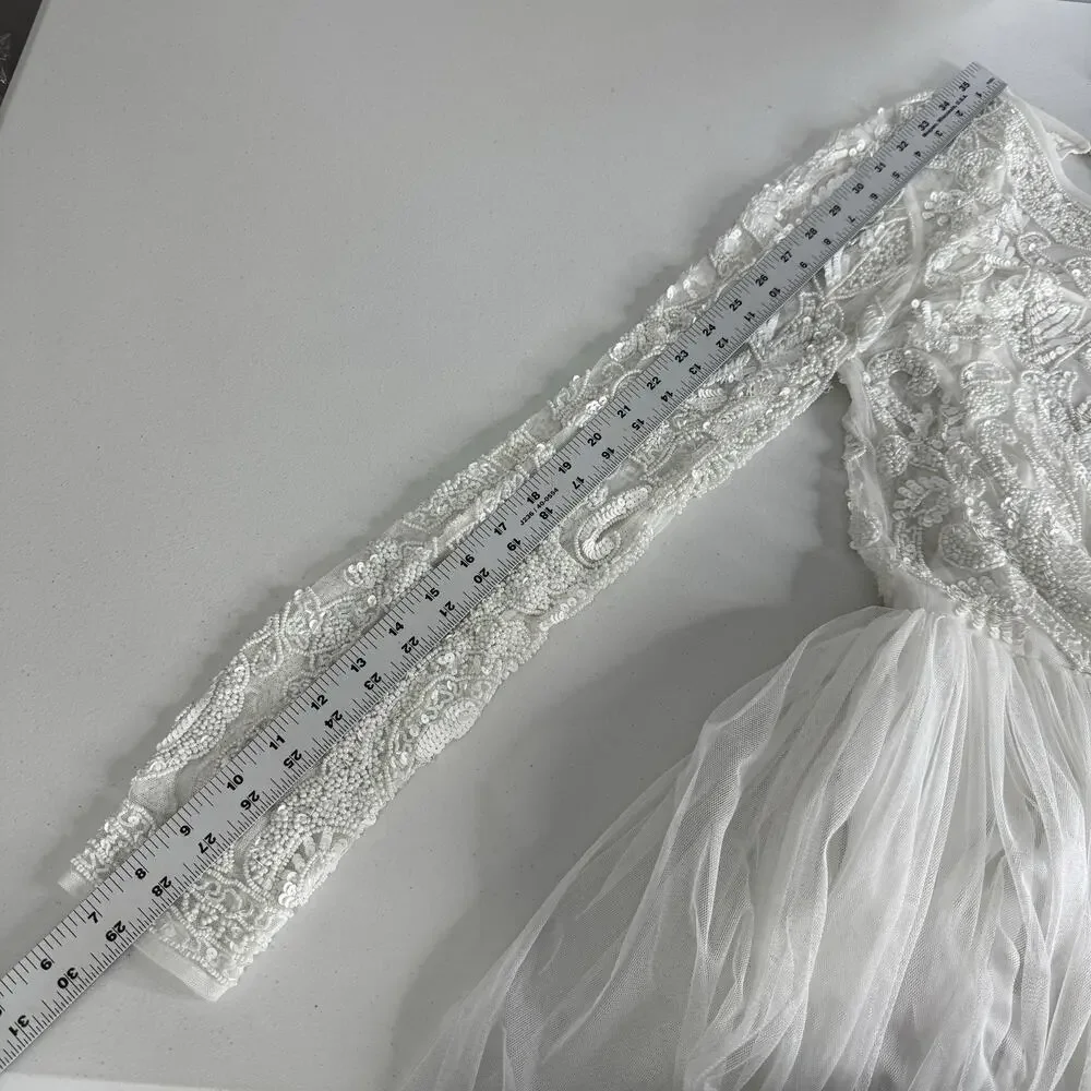 ASOS Bridal Elizabeth Long Sleeve Wedding Dress Womens 8 White Beaded Tulle Gown - Picture 10 of 14